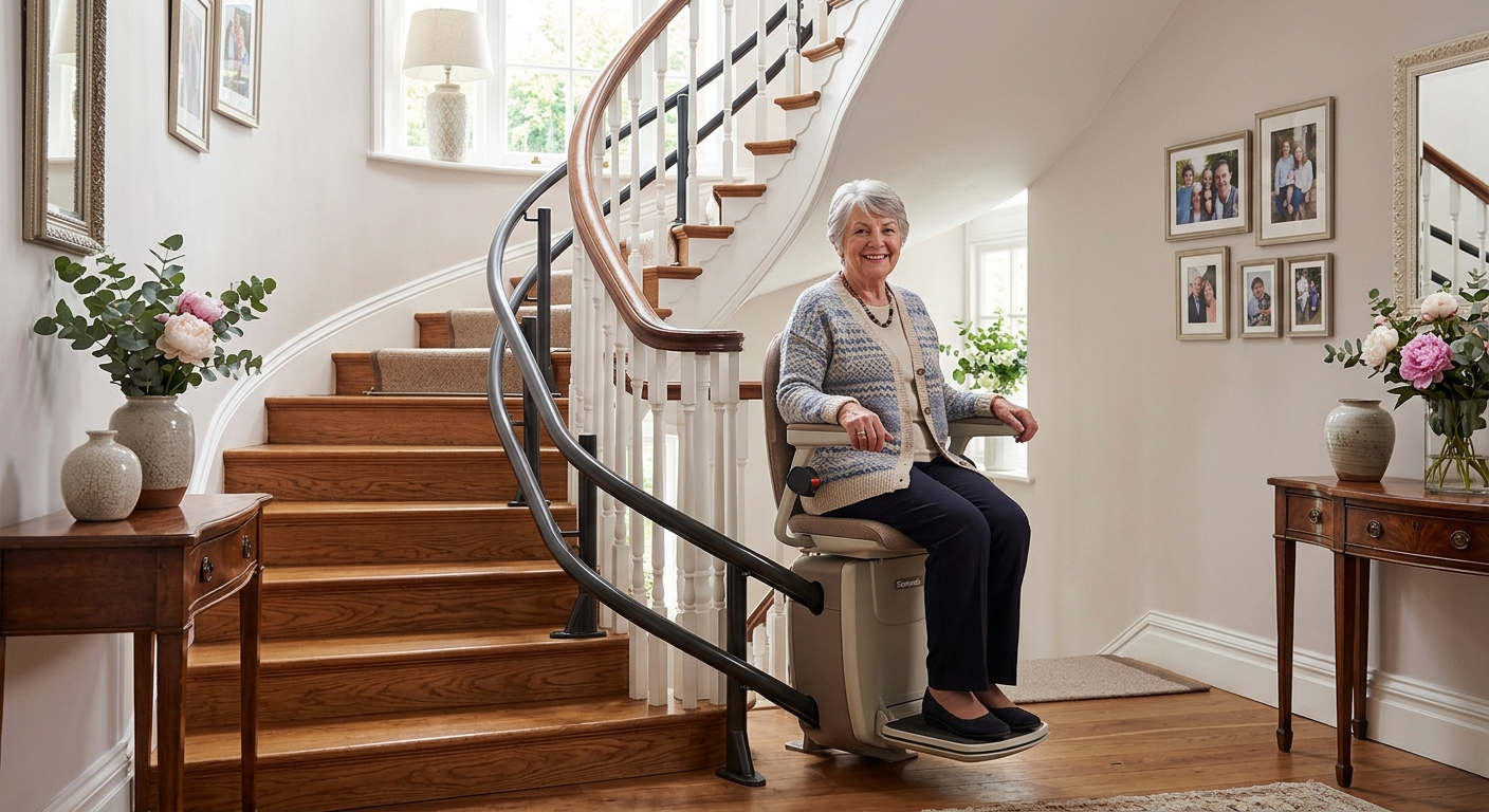 Elderly woman riding a curved stairlift on a winding staircase
