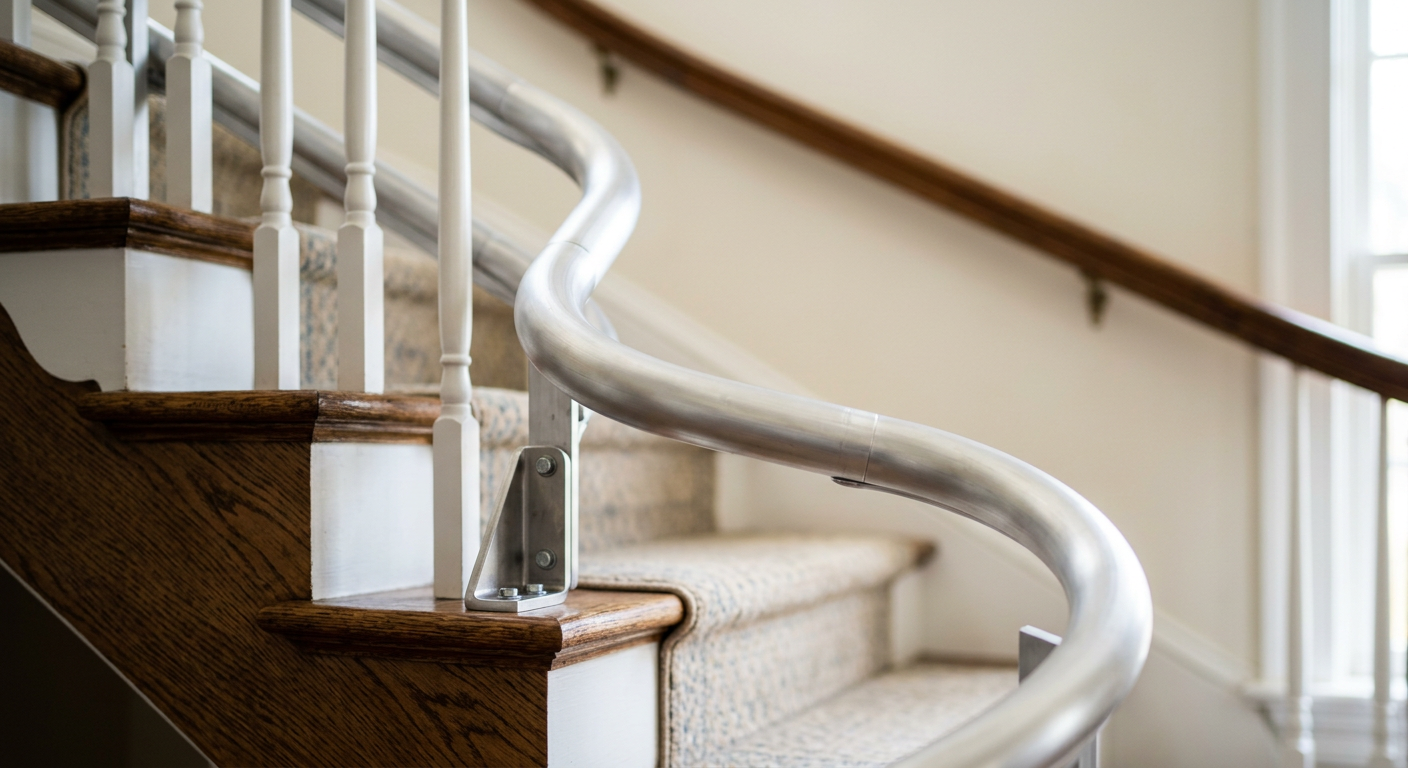 Close-up of a custom-fitted curved stairlift rail