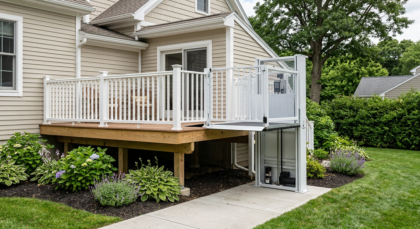 Residential vertical platform lift installed at a side deck entrance