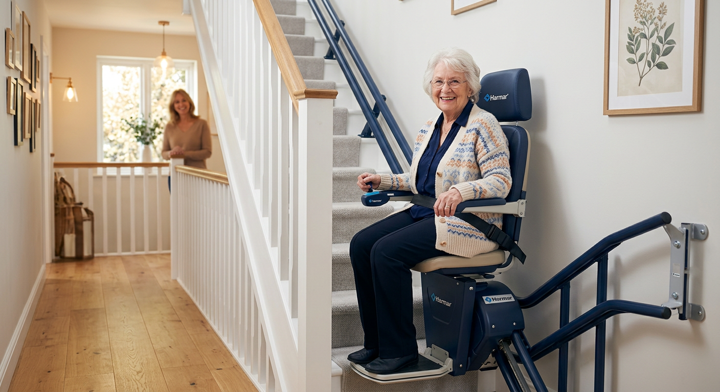 Woman comfortably riding a straight stairlift