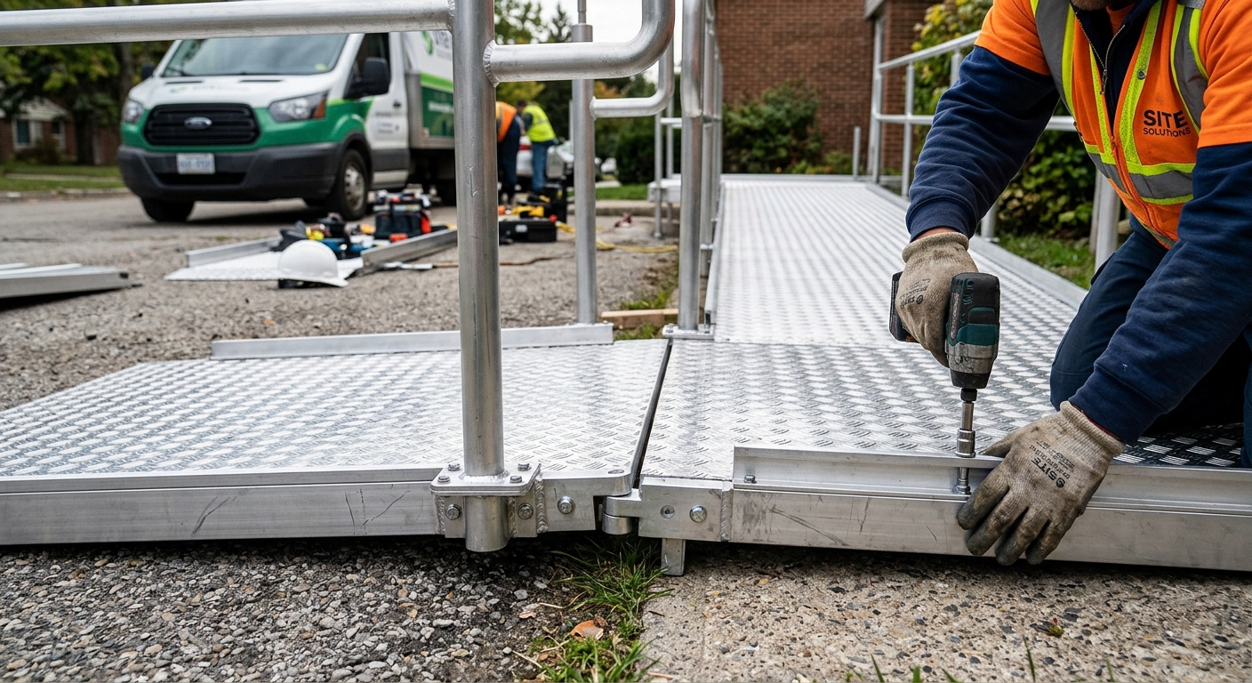 Technician assembling an aluminum wheelchair ramp at a residential entryway