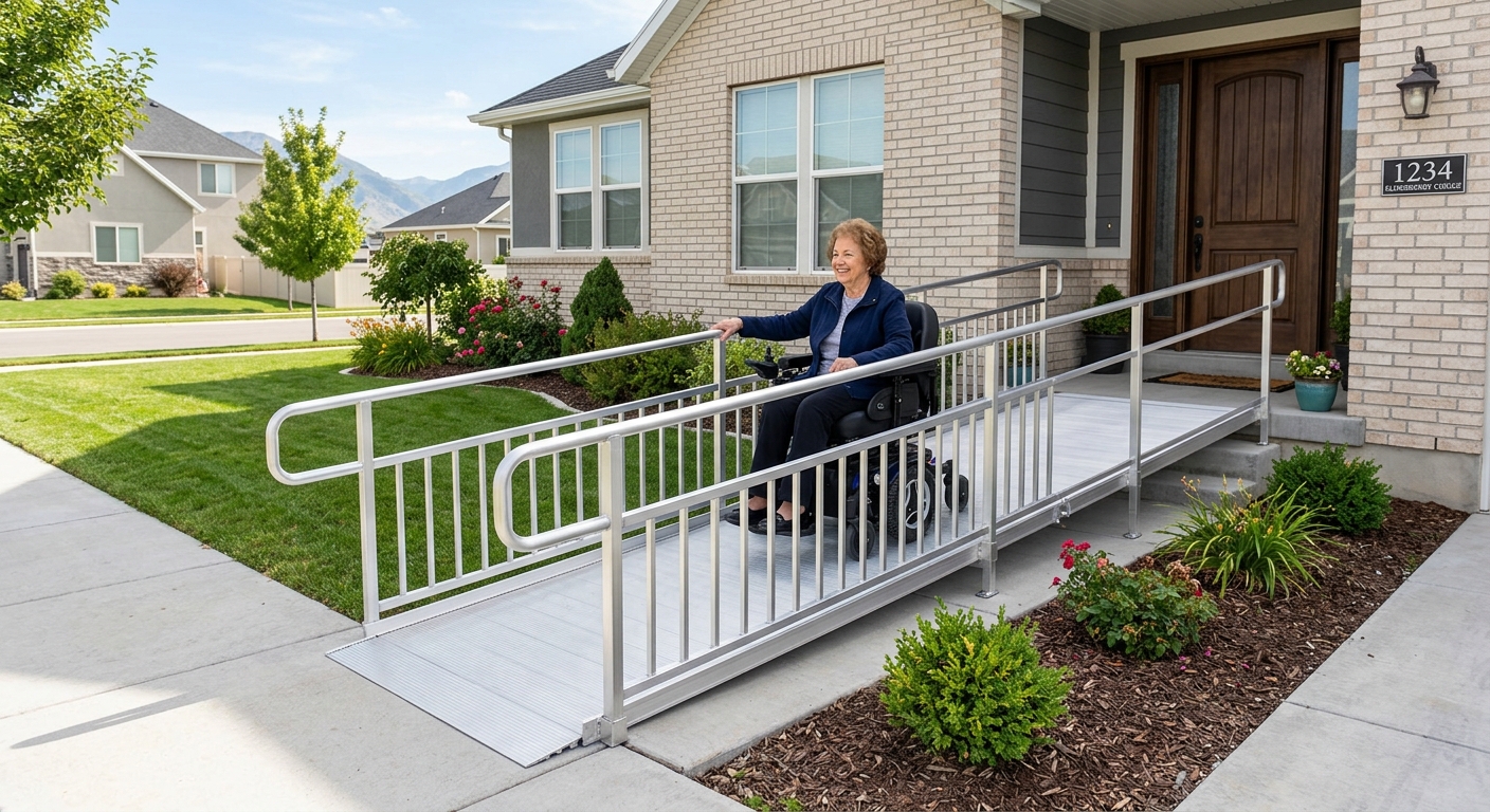 Professional modular aluminum ramp installed at a residential home entry with wheelchair user