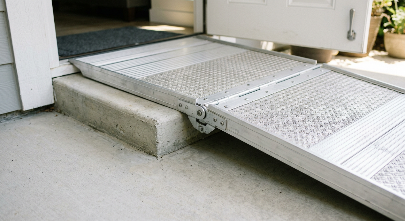 Close-up of a Freedom Series aluminum portable ramp showing the nonslip surface texture