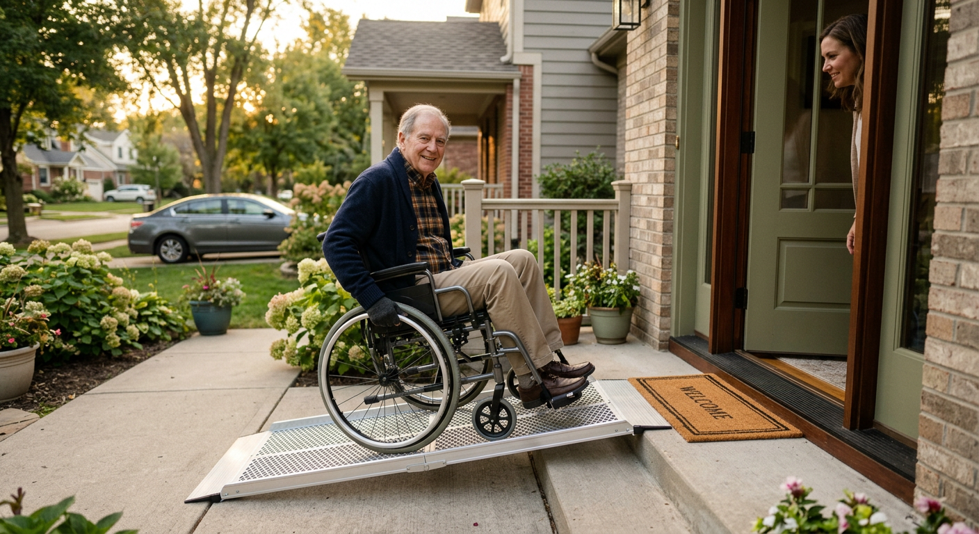 Person in wheelchair using a portable aluminum folding ramp at a home entrance