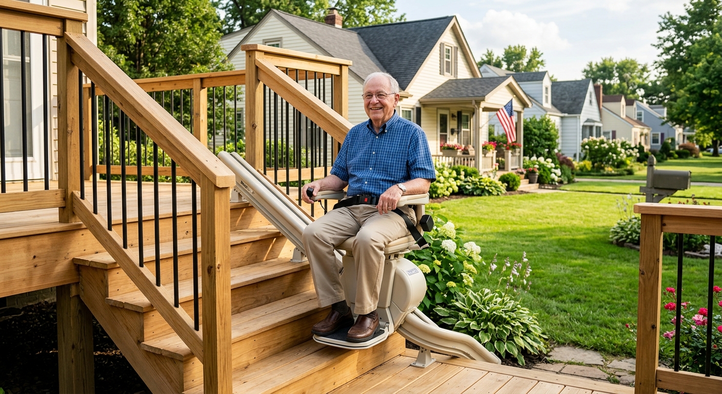 Outdoor stairlift installed on a deck overlooking mountain views