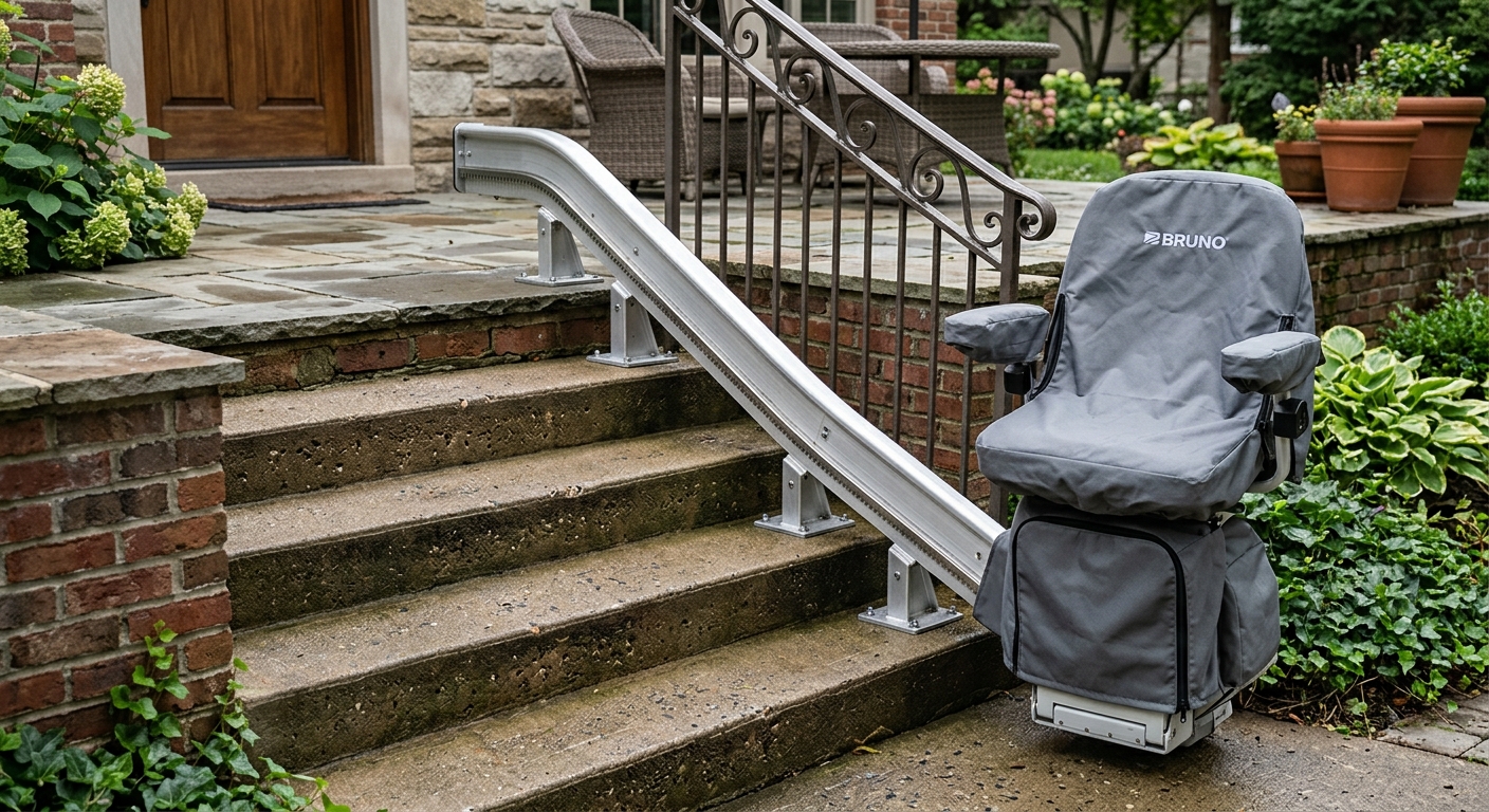 Close-up of outdoor stairlift rail and weatherproof mechanism