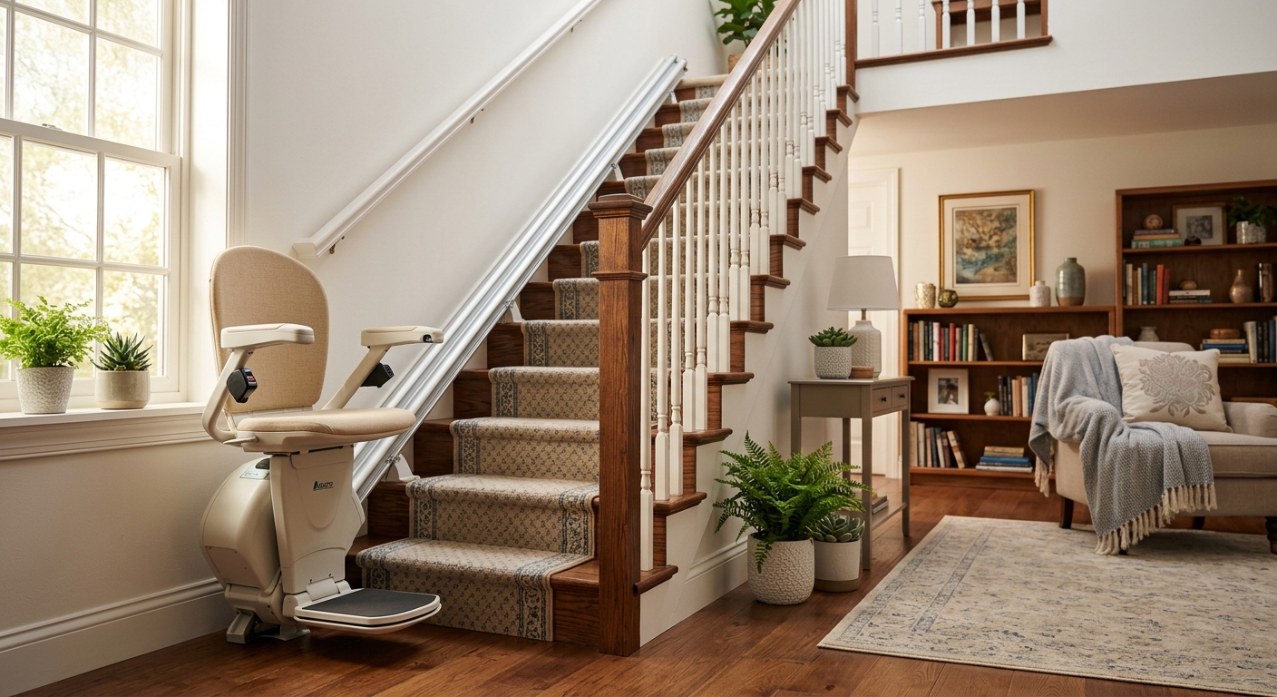Reconditioned Harmar stairlift professionally installed in a home