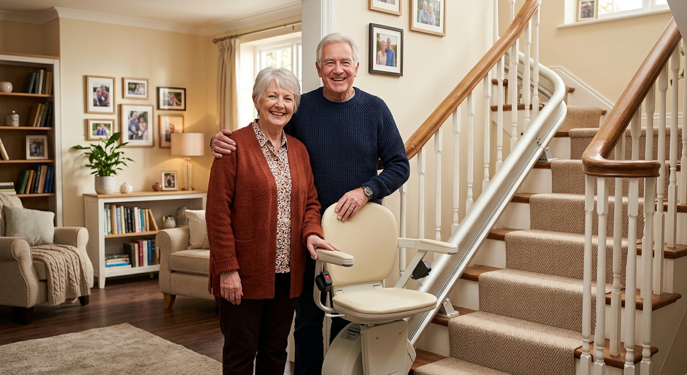Couple using their stairlift comfortably at home