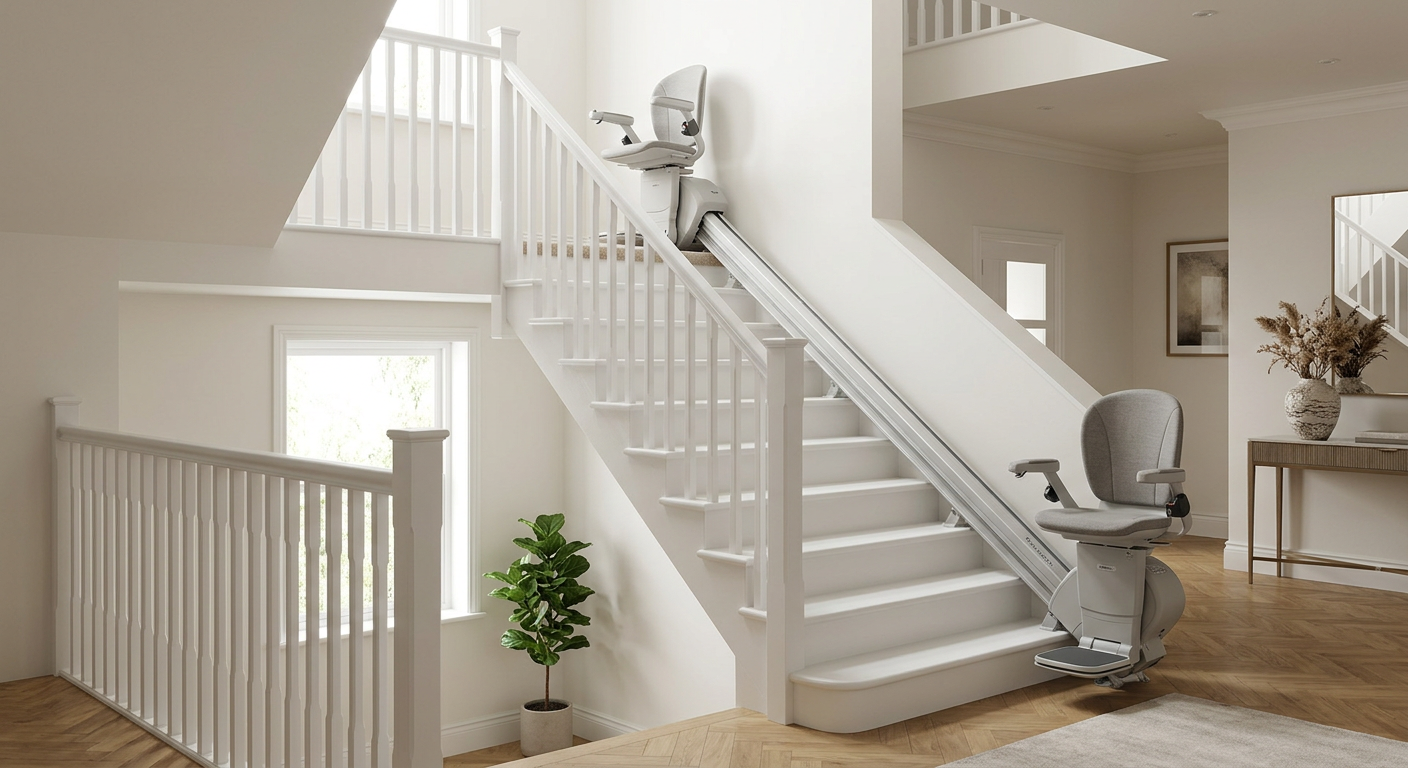 Factory-trained technician completing a final walkthrough on a stairlift rail