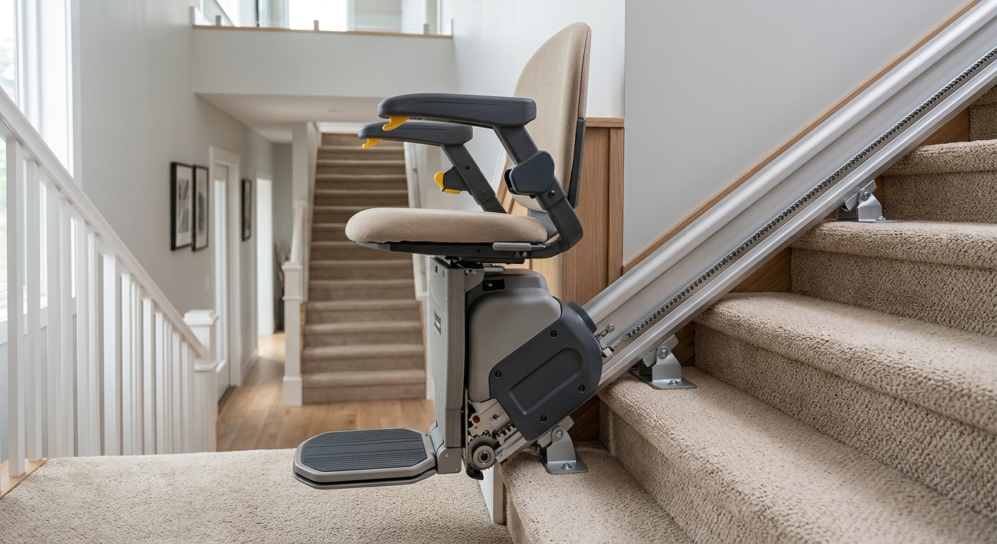 Harmar Pinnacle stairlift parked at the bottom landing