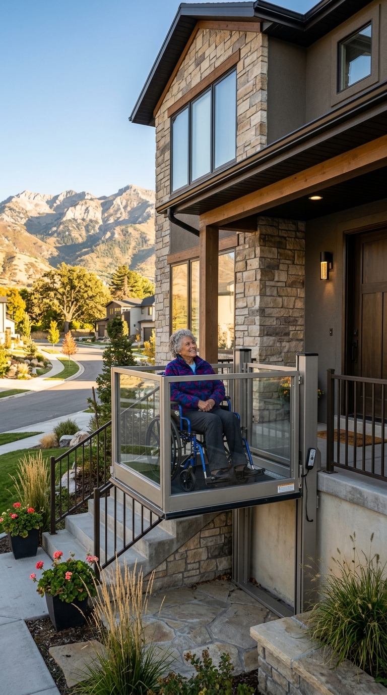 Vertical platform lift installed beside a raised porch